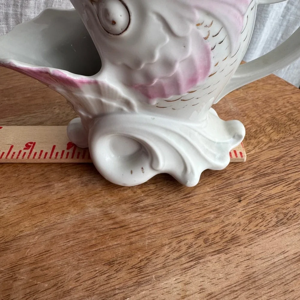 Vintage Shaving Scuttle Mug White Pink Fish Grotesque Gold Trim Victorian